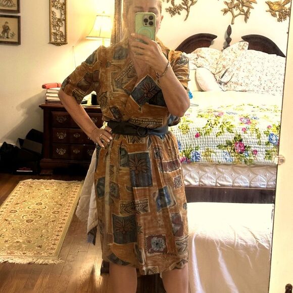 Vtg 80s/90s Positive Attitude Brown, Tan & Blue Wrap Look Tropical Print Dress - Picture 2 of 9